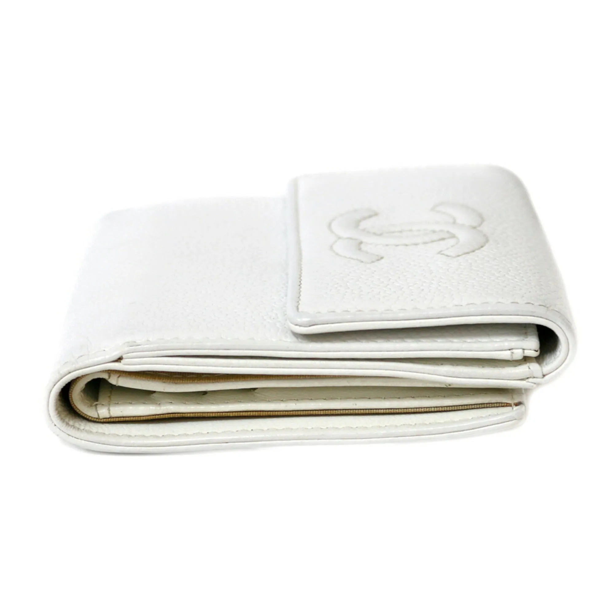 CHANEL bi-fold wallet caviar skin COCO mark CC white ladies leather