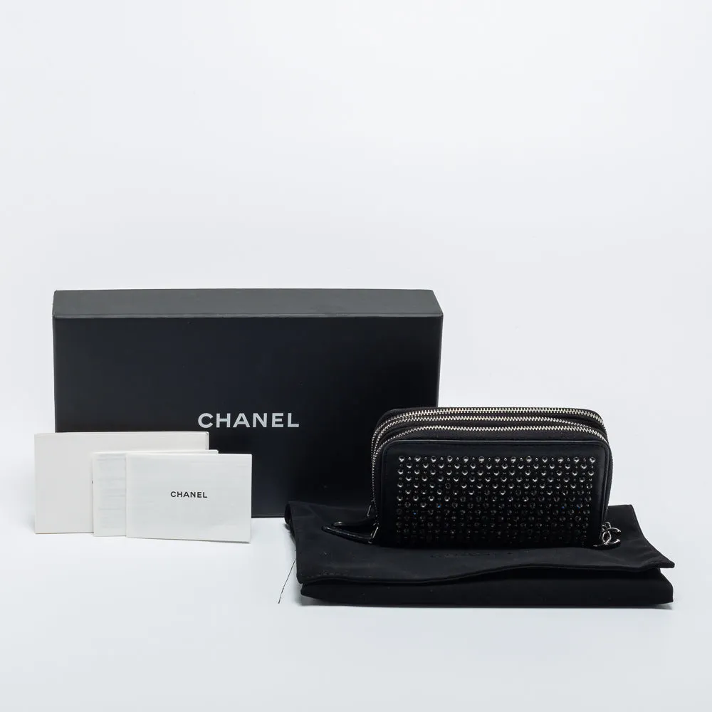 Chanel Black Crystal/Studs Embellished Leather Triple Zip Wallet