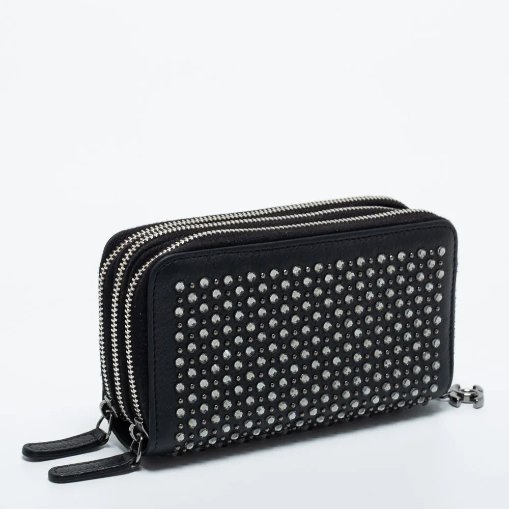 Chanel Black Crystal/Studs Embellished Leather Triple Zip Wallet