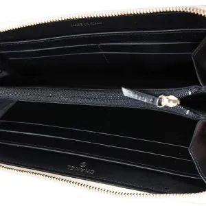 CHANEL Black Satin & Metallic Light Gold Caviar Leather L-Gusset Zip Wallet