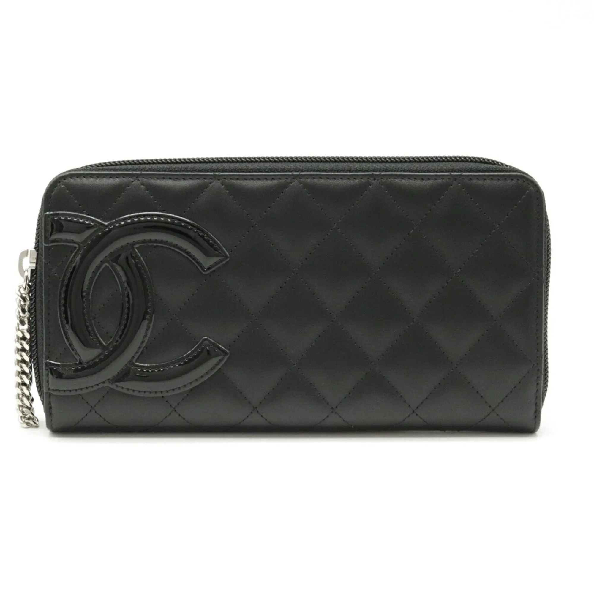 Chanel Cambon Line Coco Mark Round Long Wallet Soft Calf Leather Enamel Black Pink A50078