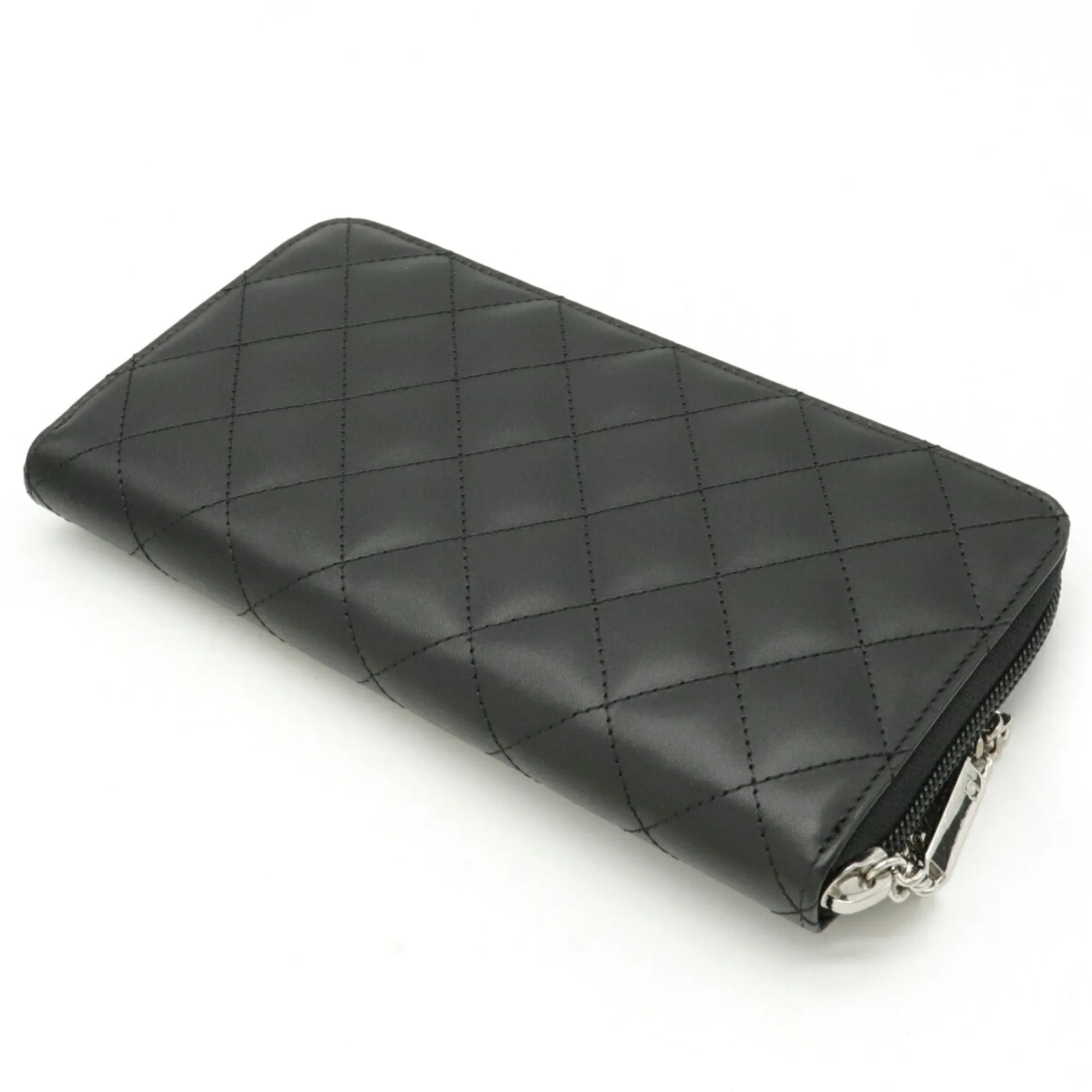Chanel Cambon Line Coco Mark Round Long Wallet Soft Calf Leather Enamel Black Pink A50078