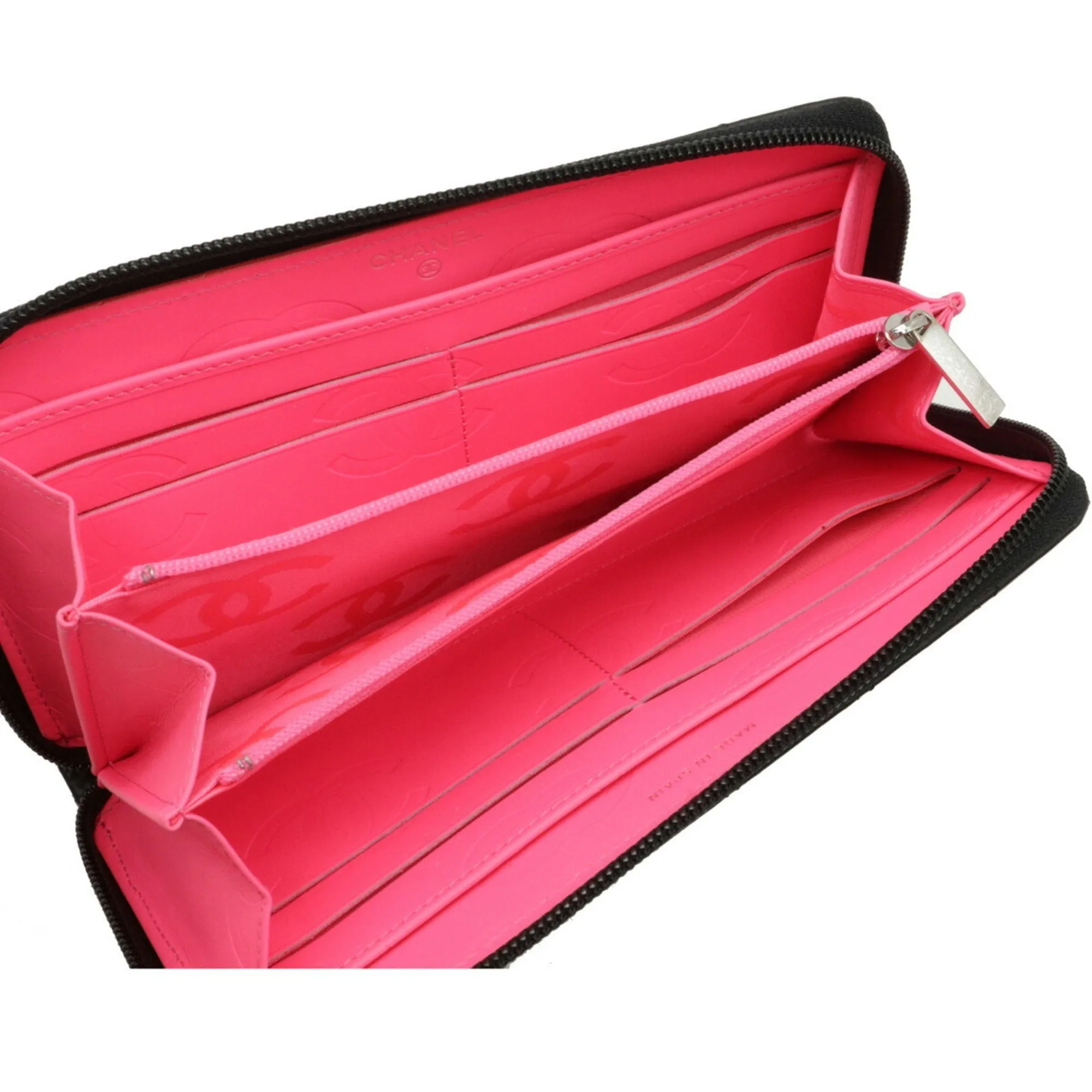 Chanel Cambon Line Coco Mark Round Long Wallet Soft Calf Leather Enamel Black Pink A50078