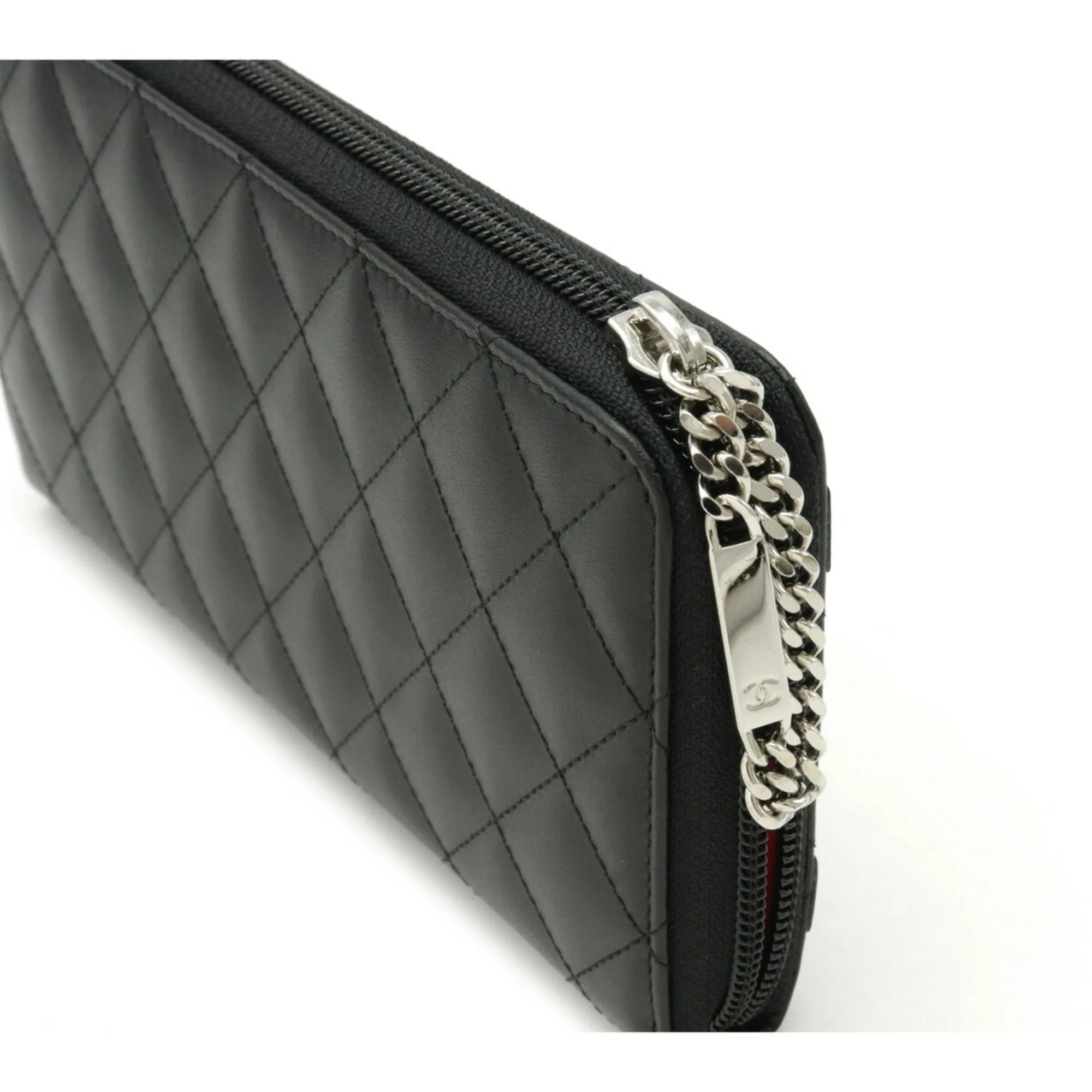 Chanel Cambon Line Coco Mark Round Long Wallet Soft Calf Leather Enamel Black Pink A50078
