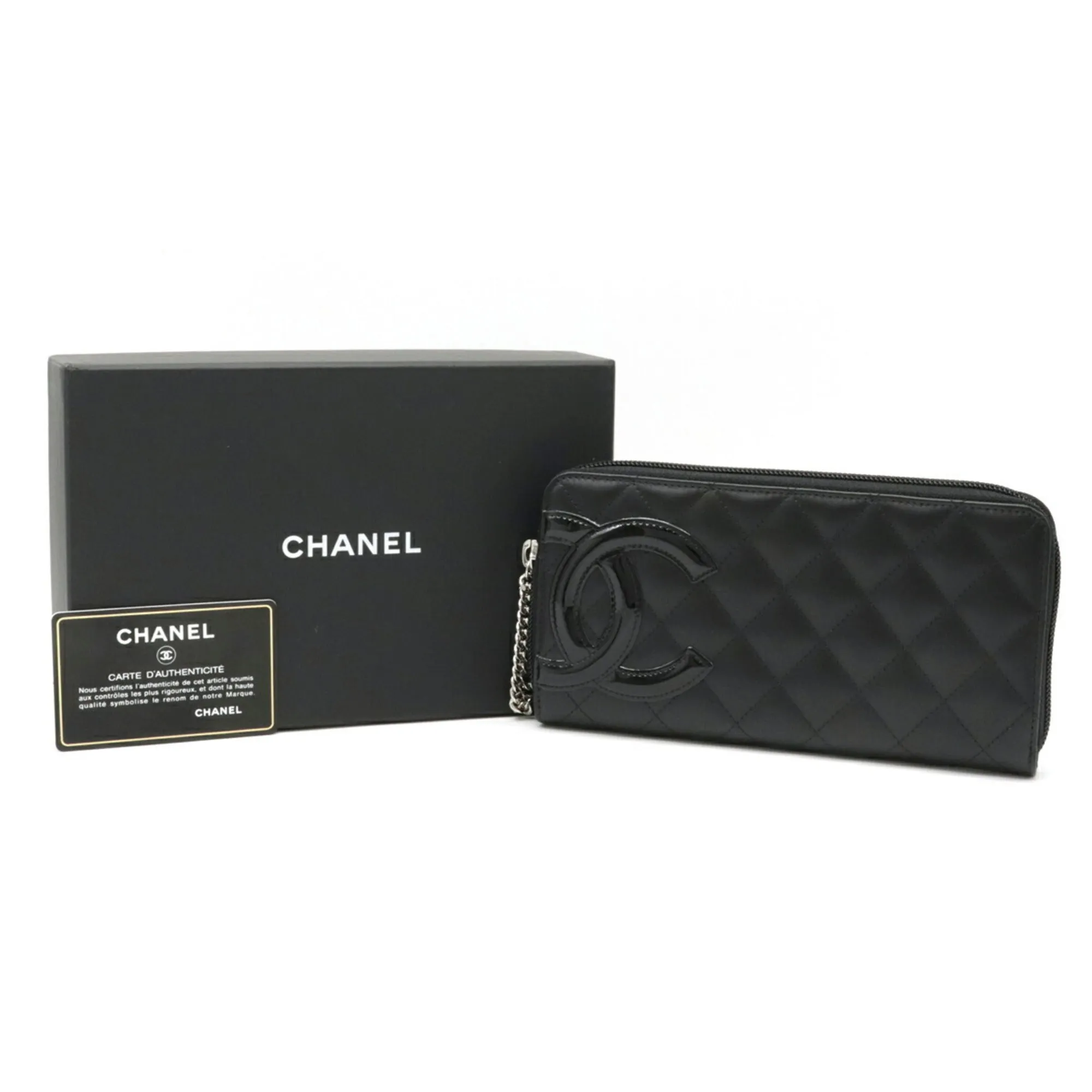 Chanel Cambon Line Coco Mark Round Long Wallet Soft Calf Leather Enamel Black Pink A50078