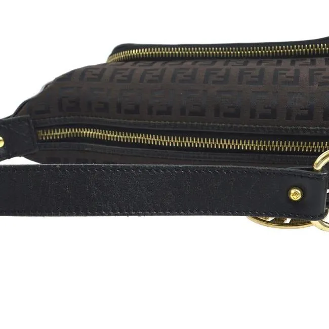 Fendi Chef Medium Sized Shoulder Purse Black Zucchino Or Small F Logo Print On Brown Canvas And Blac