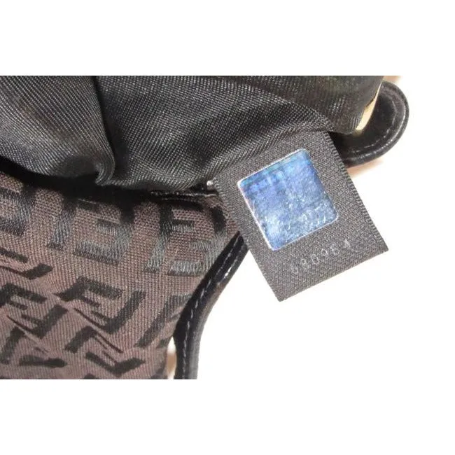 Fendi Chef Medium Sized Shoulder Purse Black Zucchino Or Small F Logo Print On Brown Canvas And Blac