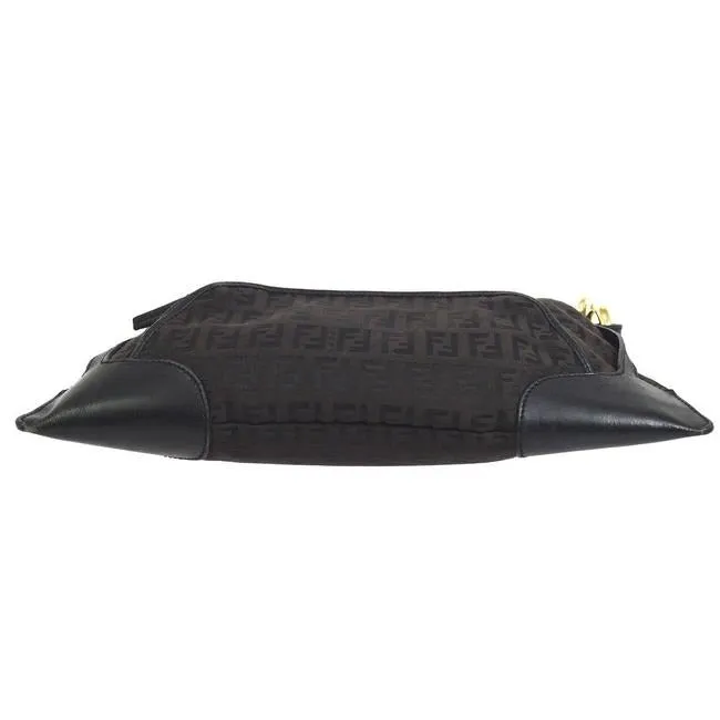 Fendi Chef Medium Sized Shoulder Purse Black Zucchino Or Small F Logo Print On Brown Canvas And Blac