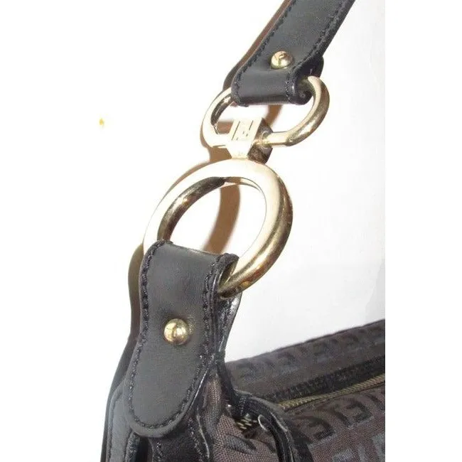 Fendi Chef Medium Sized Shoulder Purse Black Zucchino Or Small F Logo Print On Brown Canvas And Blac