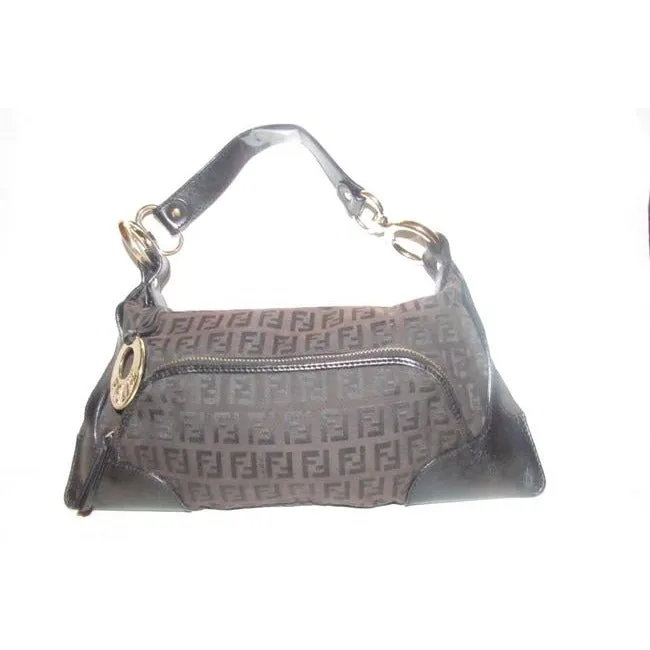 Fendi Chef Medium Sized Shoulder Purse Black Zucchino Or Small F Logo Print On Brown Canvas And Blac