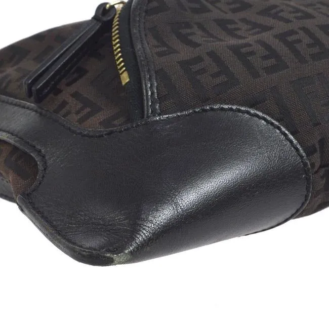 Fendi Chef Medium Sized Shoulder Purse Black Zucchino Or Small F Logo Print On Brown Canvas And Blac