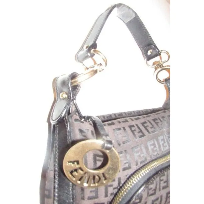 Fendi Chef Medium Sized Shoulder Purse Black Zucchino Or Small F Logo Print On Brown Canvas And Blac