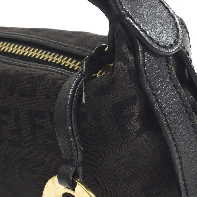Fendi Chef Medium Sized Shoulder Purse Black Zucchino Or Small F Logo Print On Brown Canvas And Blac