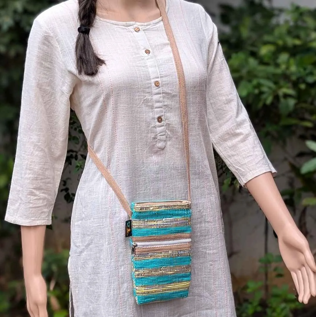 Green Yellow Shimmery Golden Striped Upcycled Handwoven Mobile Sling (MSL1024-001) PS_W