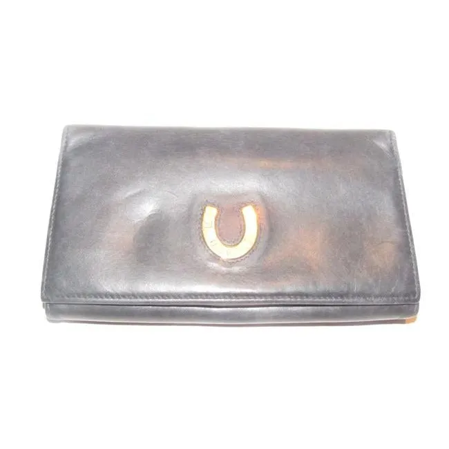 Gucci Navy Blue Leather With Gucci Logo Gold Horseshoe Vintage Continental Accent Wallet