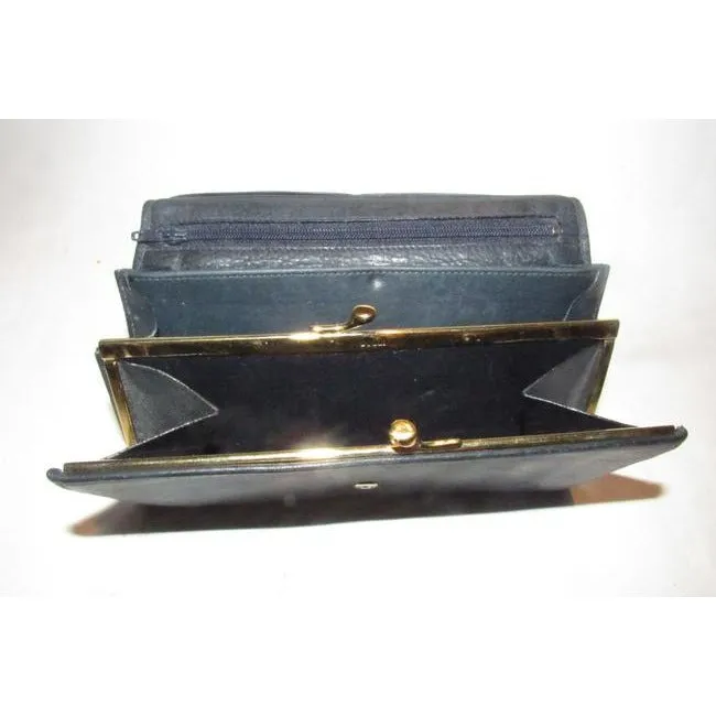 Gucci Navy Blue Leather With Gucci Logo Gold Horseshoe Vintage Continental Accent Wallet