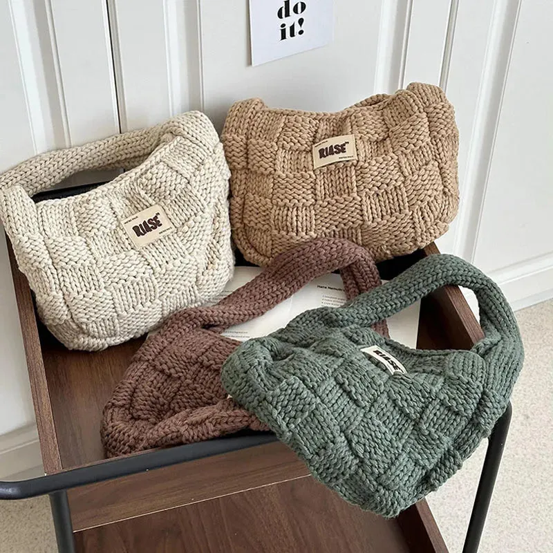 UAKISS  -  Women's Soft Checked Commuter Shopping Bags Wool Knitting Shoulder Bag Portable Causal Tote Handbag