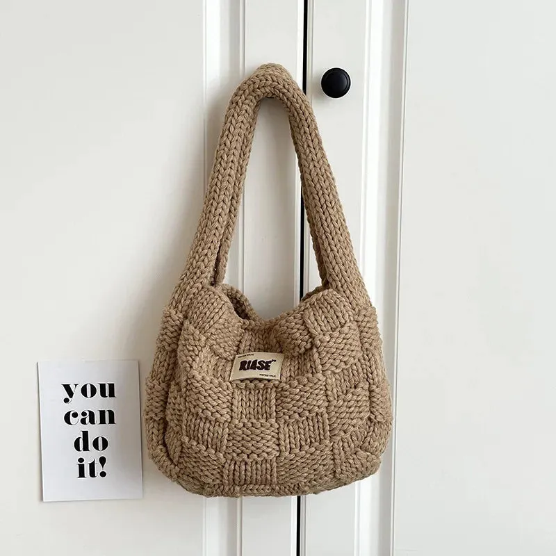 UAKISS  -  Women's Soft Checked Commuter Shopping Bags Wool Knitting Shoulder Bag Portable Causal Tote Handbag