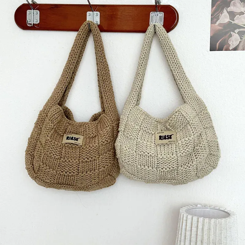 UAKISS  -  Women's Soft Checked Commuter Shopping Bags Wool Knitting Shoulder Bag Portable Causal Tote Handbag