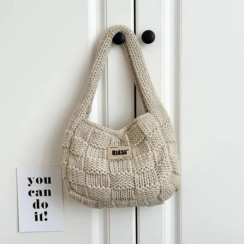 UAKISS  -  Women's Soft Checked Commuter Shopping Bags Wool Knitting Shoulder Bag Portable Causal Tote Handbag